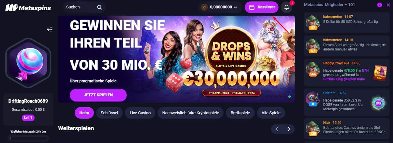Gehe zur Kasse oder Einzahlungsseite